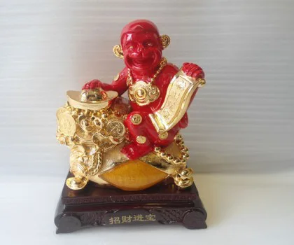 Khỉ tài lộc đỏ trên túi vàng - chiêu tài tấn bảo K033M