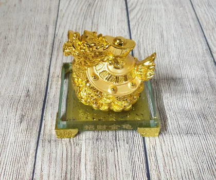 Thần rùa đầu rồng vàng bóng nhả kim nguyên bảo trên đống tiền vàng đế thuỷ tinh - Chiêu Tài Long Quy FLN164