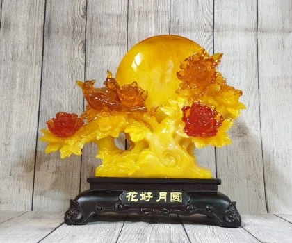 Cây mẫu đơn vàng ngọc hoa đỏ cam lưu ly bên trăng vàng và cặp uyên ương lưu ly - Hoa Hảo Nguyệt Viên FLN211